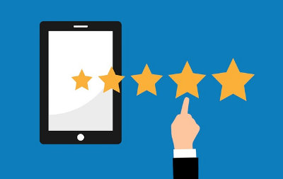 graphic of a hand pointing to a five star rating on a tablet